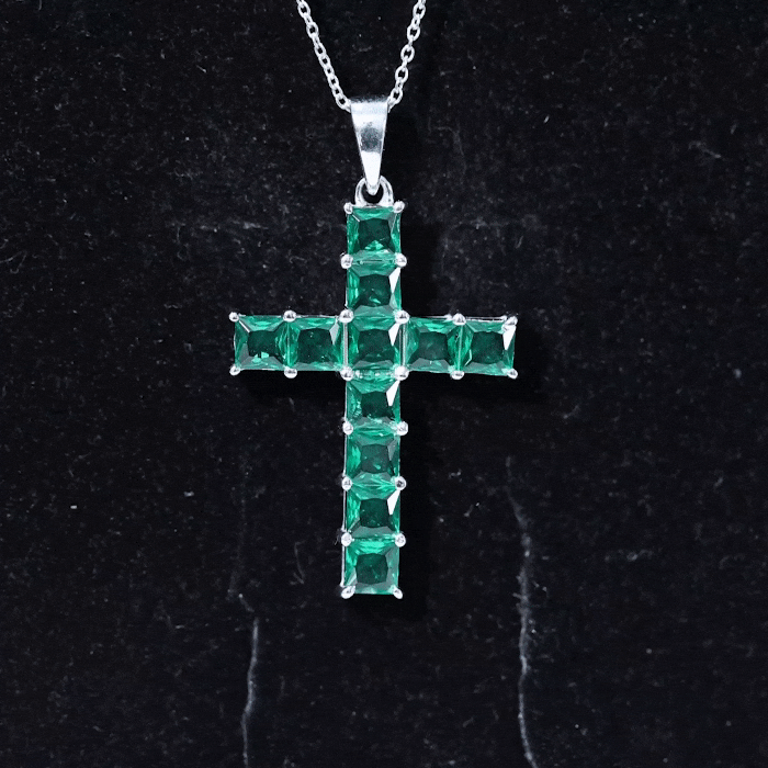 Emerald Cross Necklace – Lab Created Emerald Pendant With Adjustable Chain & AAAA Quality