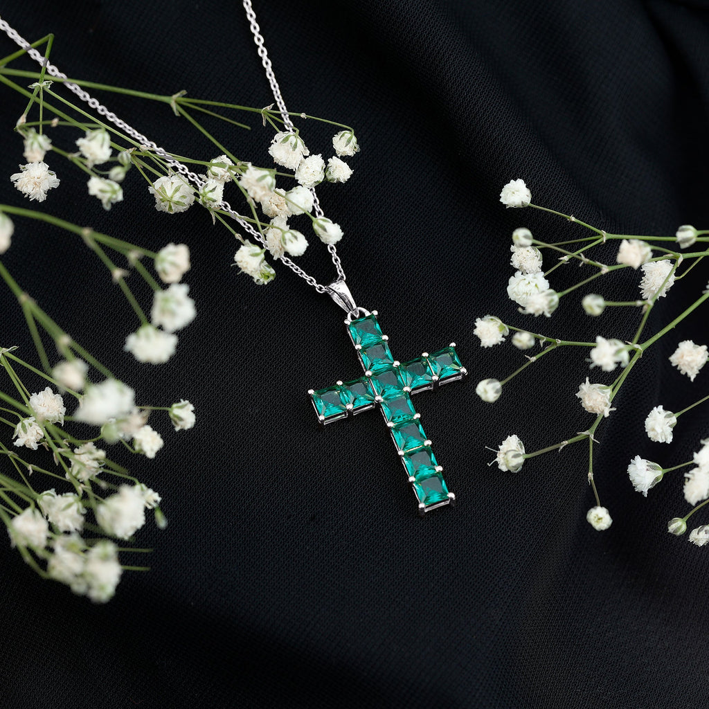 Emerald Cross Necklace – Lab Created Emerald Pendant With Adjustable Chain & AAAA Quality
