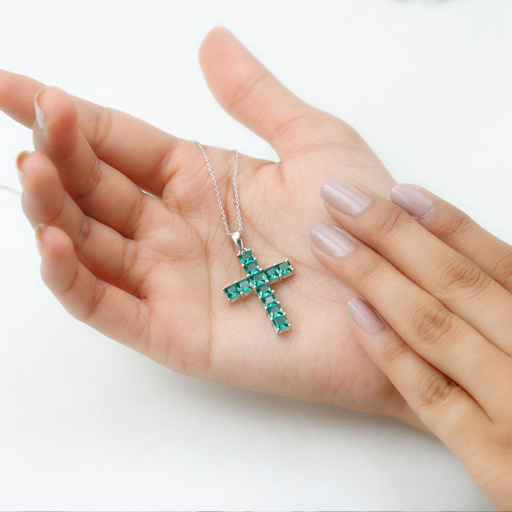 Emerald Cross Necklace – Lab Created Emerald Pendant With Adjustable Chain & AAAA Quality