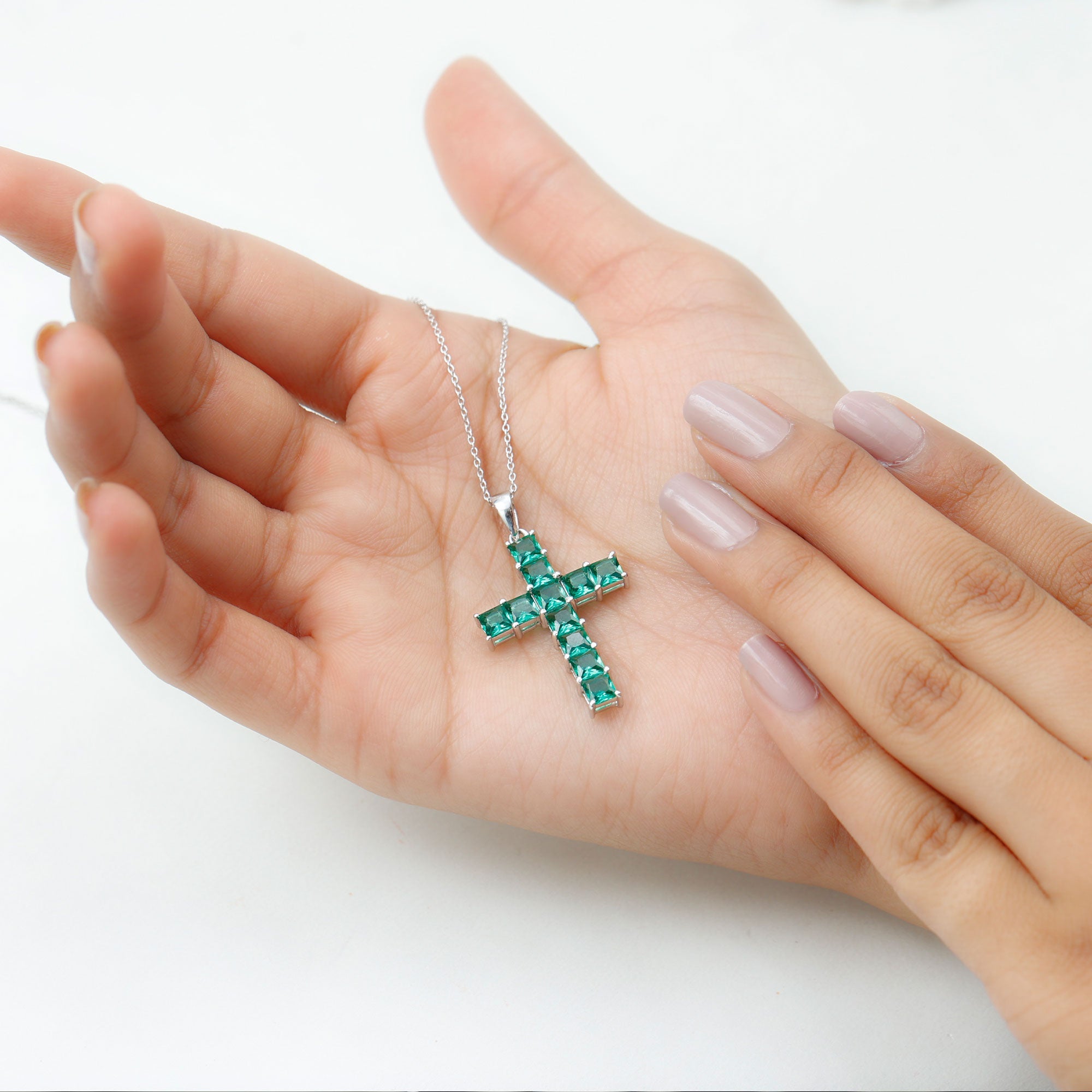 Emerald Cross Necklace – Lab Created Emerald Pendant With Adjustable Chain & AAAA Quality