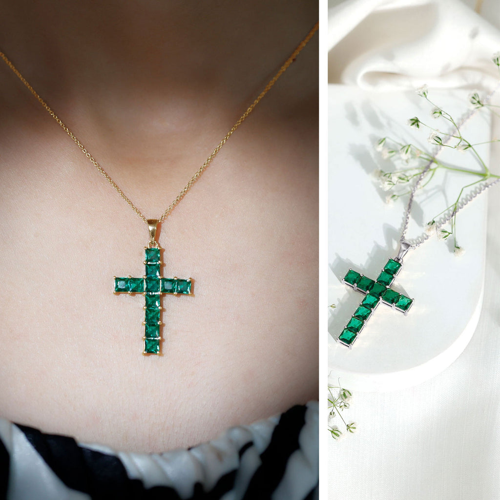 Emerald Cross Necklace – Lab Created Emerald Pendant With Adjustable Chain & AAAA Quality
