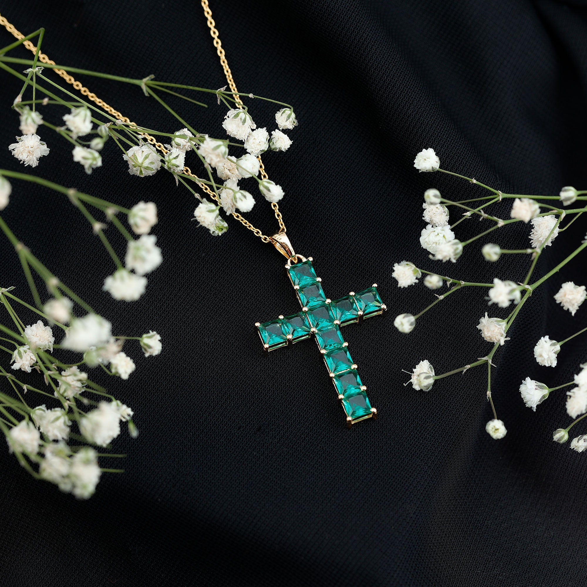 Emerald Cross Necklace – Lab Created Emerald Pendant With Adjustable Chain & AAAA Quality