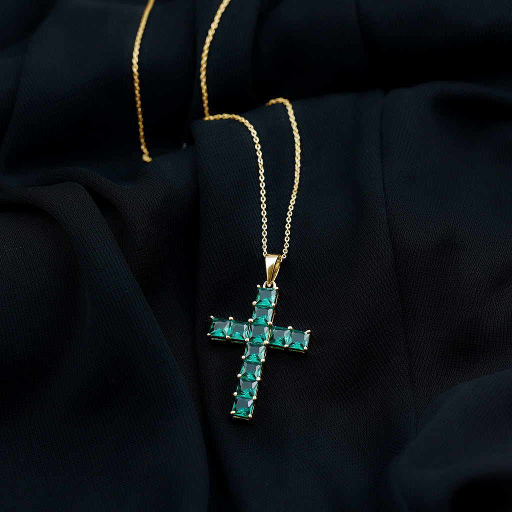 Emerald Cross Necklace – Lab Created Emerald Pendant With Adjustable Chain & AAAA Quality