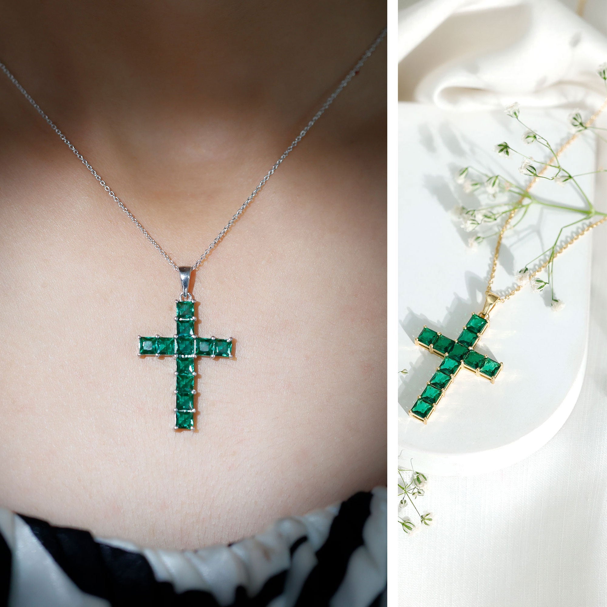 Emerald Cross Necklace – Lab Created Emerald Pendant With Adjustable Chain & AAAA Quality