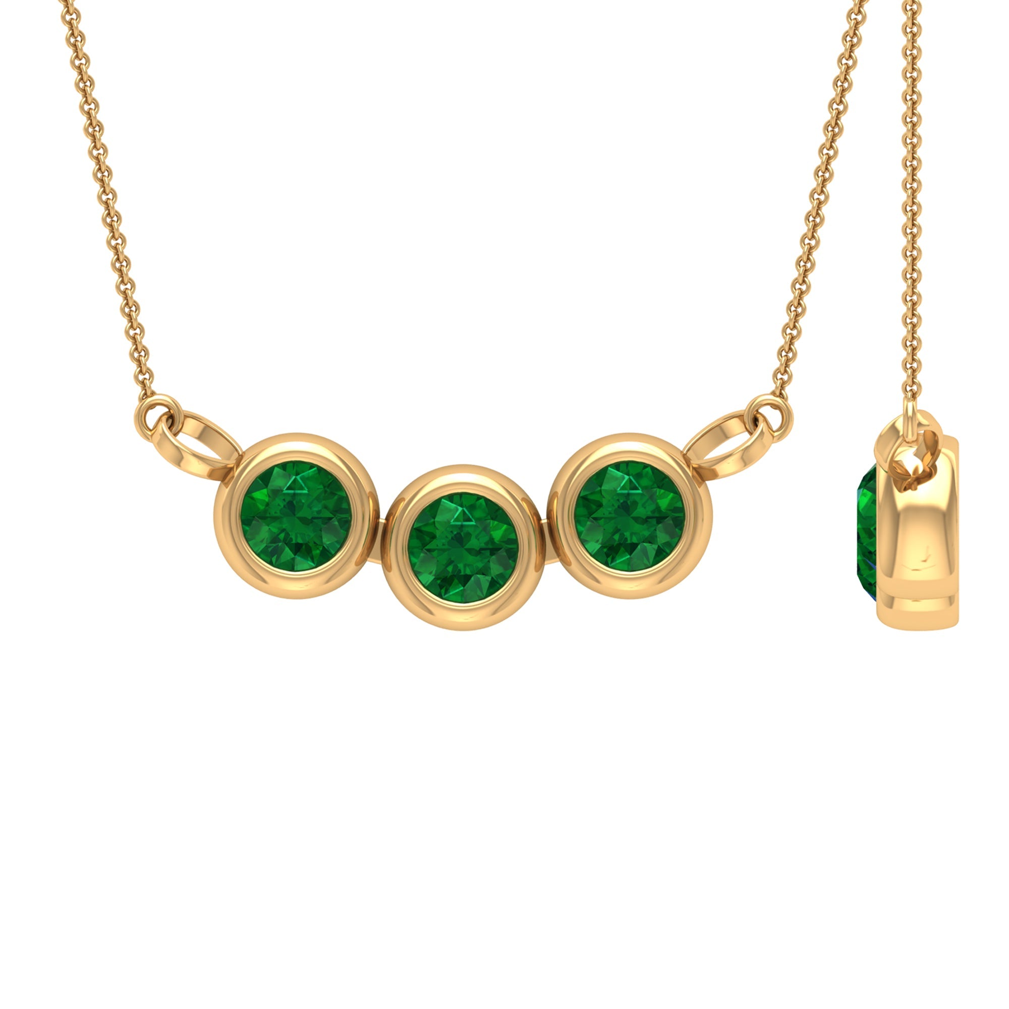 Bezel Set Emerald Necklace – Three Stone Round Pendant | AAA Quality Green Gemstone Jewelry