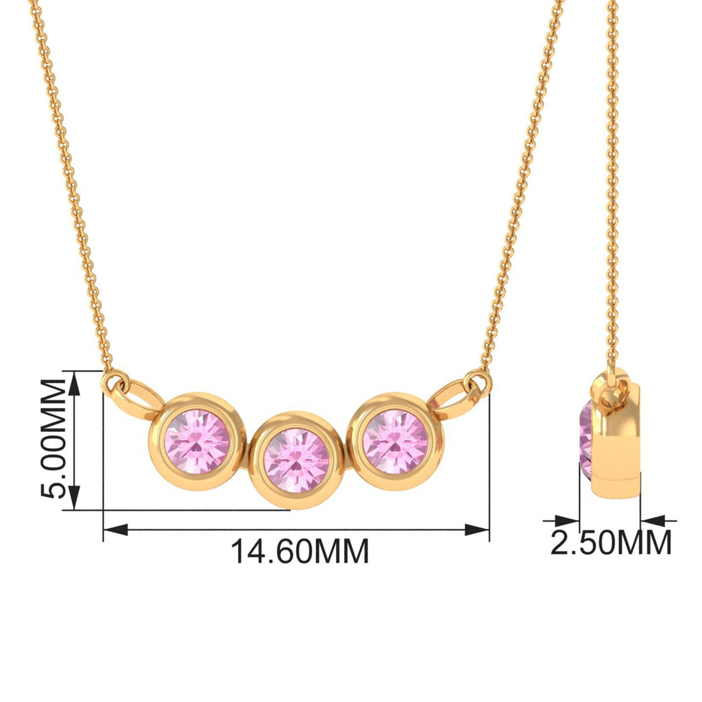 Pink Tourmaline Necklace – Three Stone Bezel Set Pendant with Adjustable Cable Chain