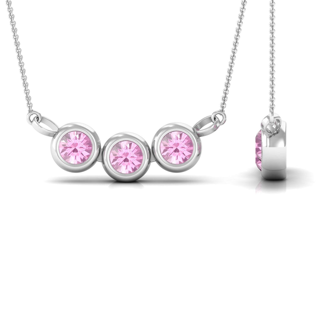 Pink Tourmaline Necklace – Three Stone Bezel Set Pendant with Adjustable Cable Chain