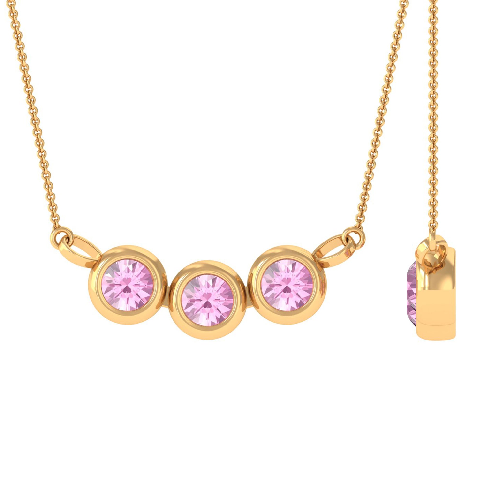 Pink Tourmaline Necklace – Three Stone Bezel Set Pendant with Adjustable Cable Chain