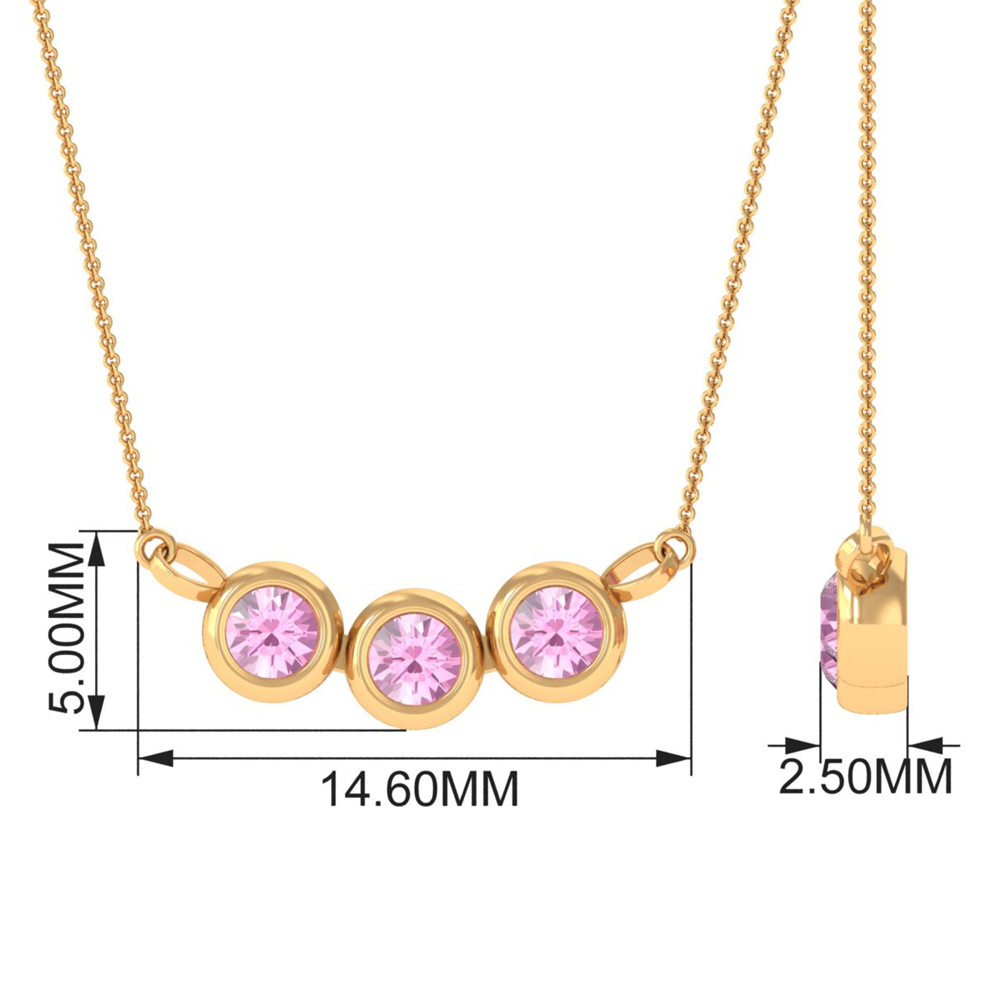 Pink Tourmaline Necklace – Three Stone Bezel Set Pendant with Adjustable Cable Chain