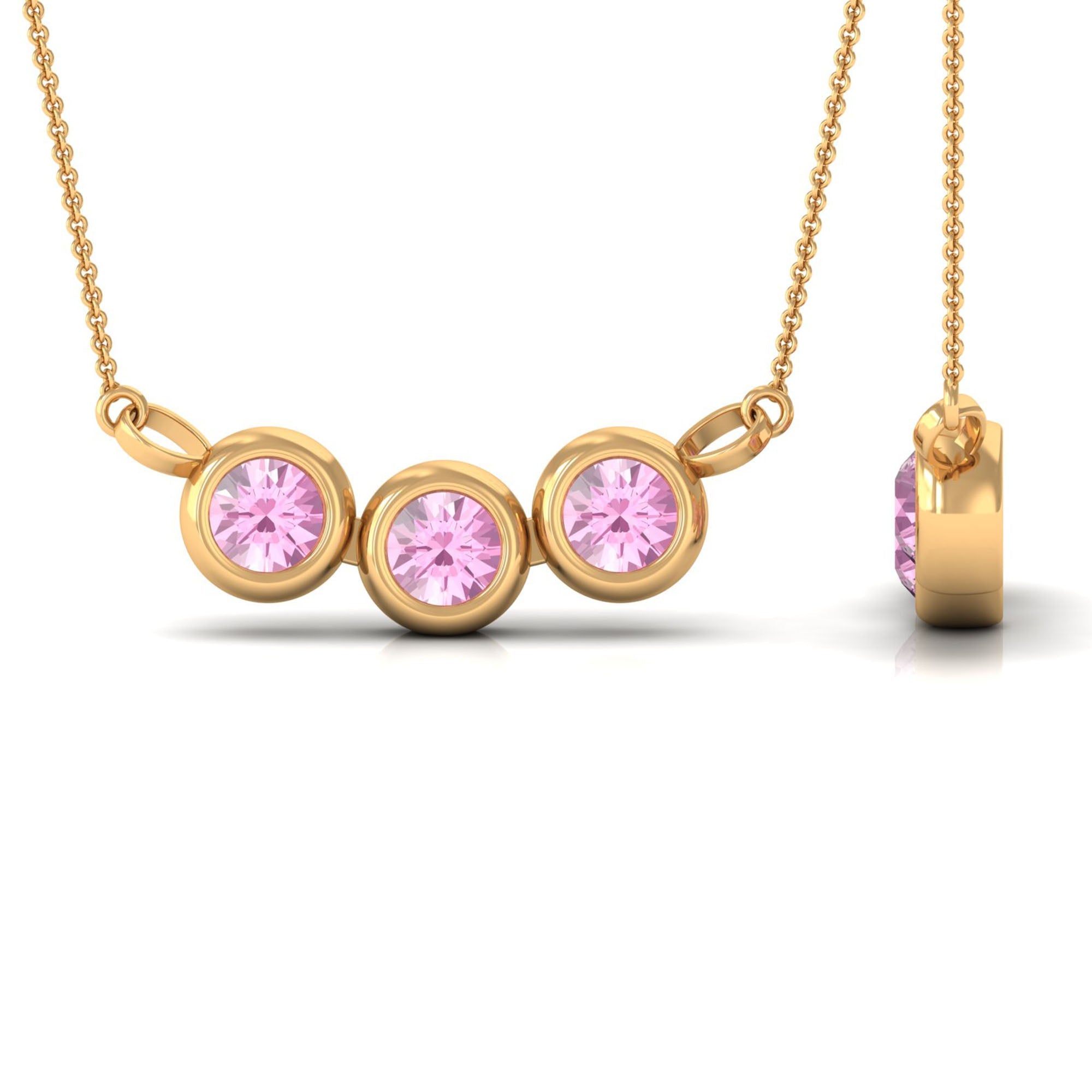Pink Tourmaline Necklace – Three Stone Bezel Set Pendant with Adjustable Cable Chain