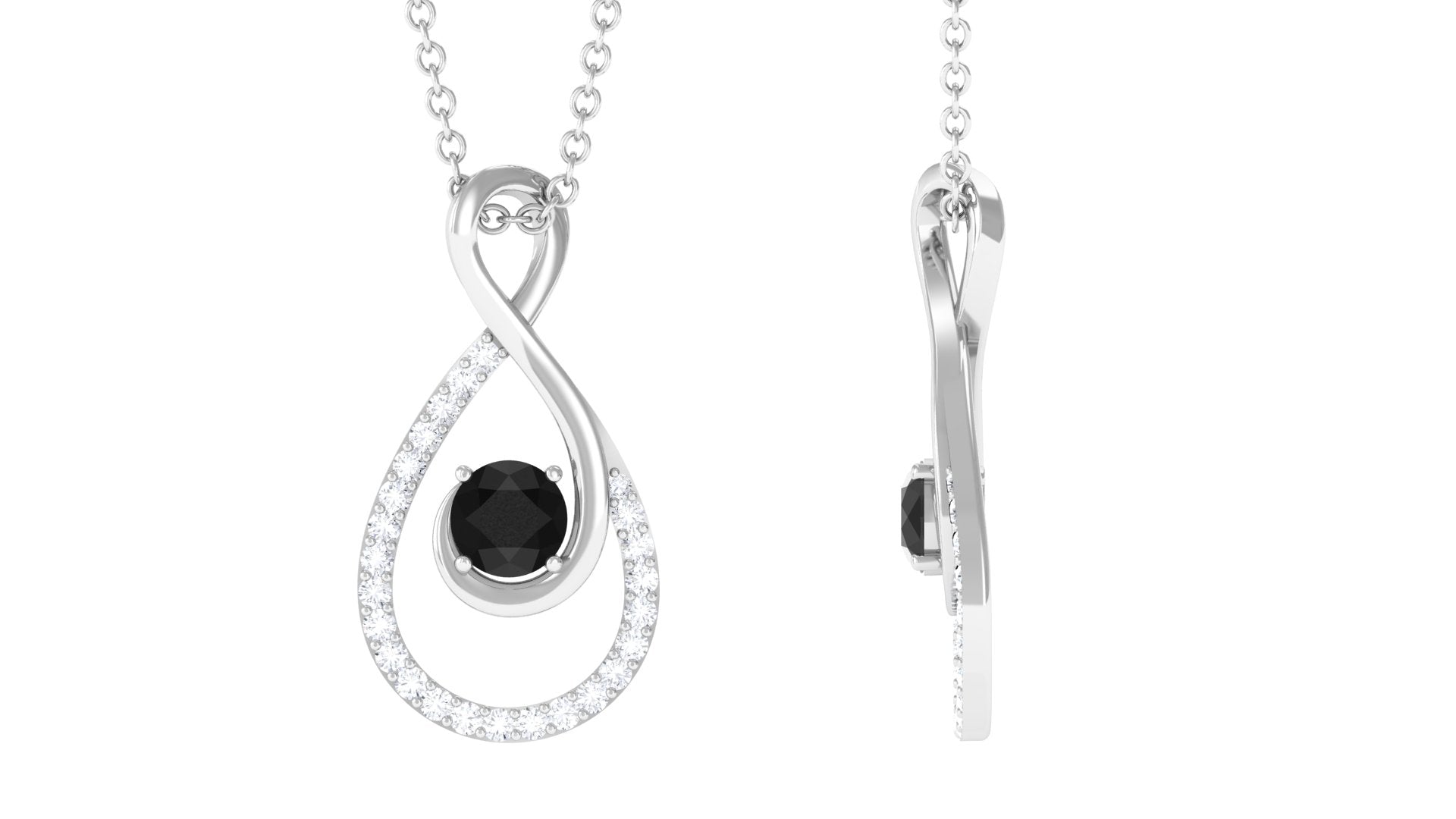 Real Black Onyx Infinity Pendant Necklace with Diamond for Women