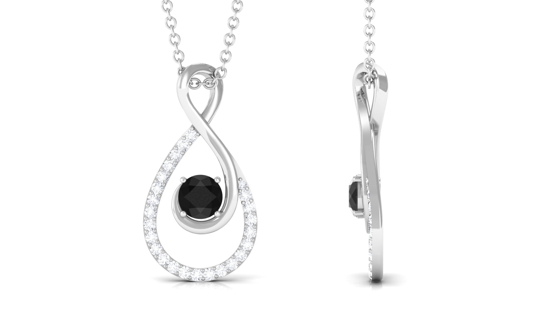 Real Black Onyx Infinity Pendant Necklace with Diamond for Women