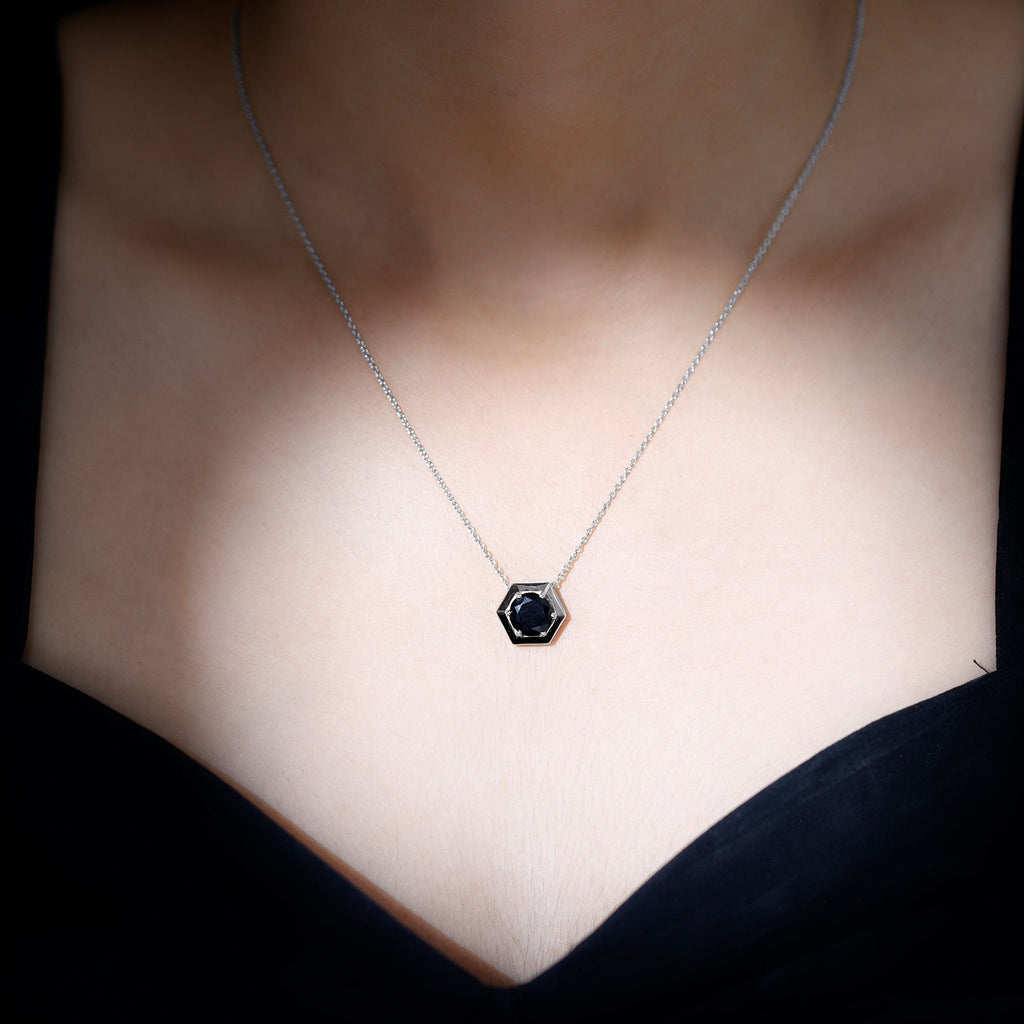 2 Carat Natural Black Onyx Solitaire Hexagon Pendant Necklace
