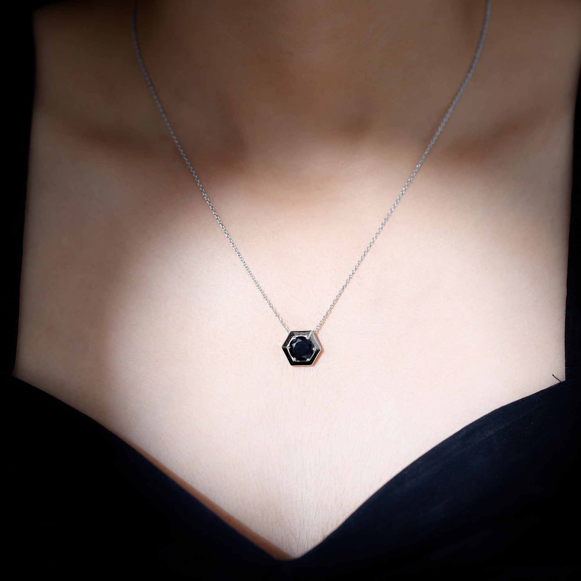2 Carat Natural Black Onyx Solitaire Hexagon Pendant Necklace