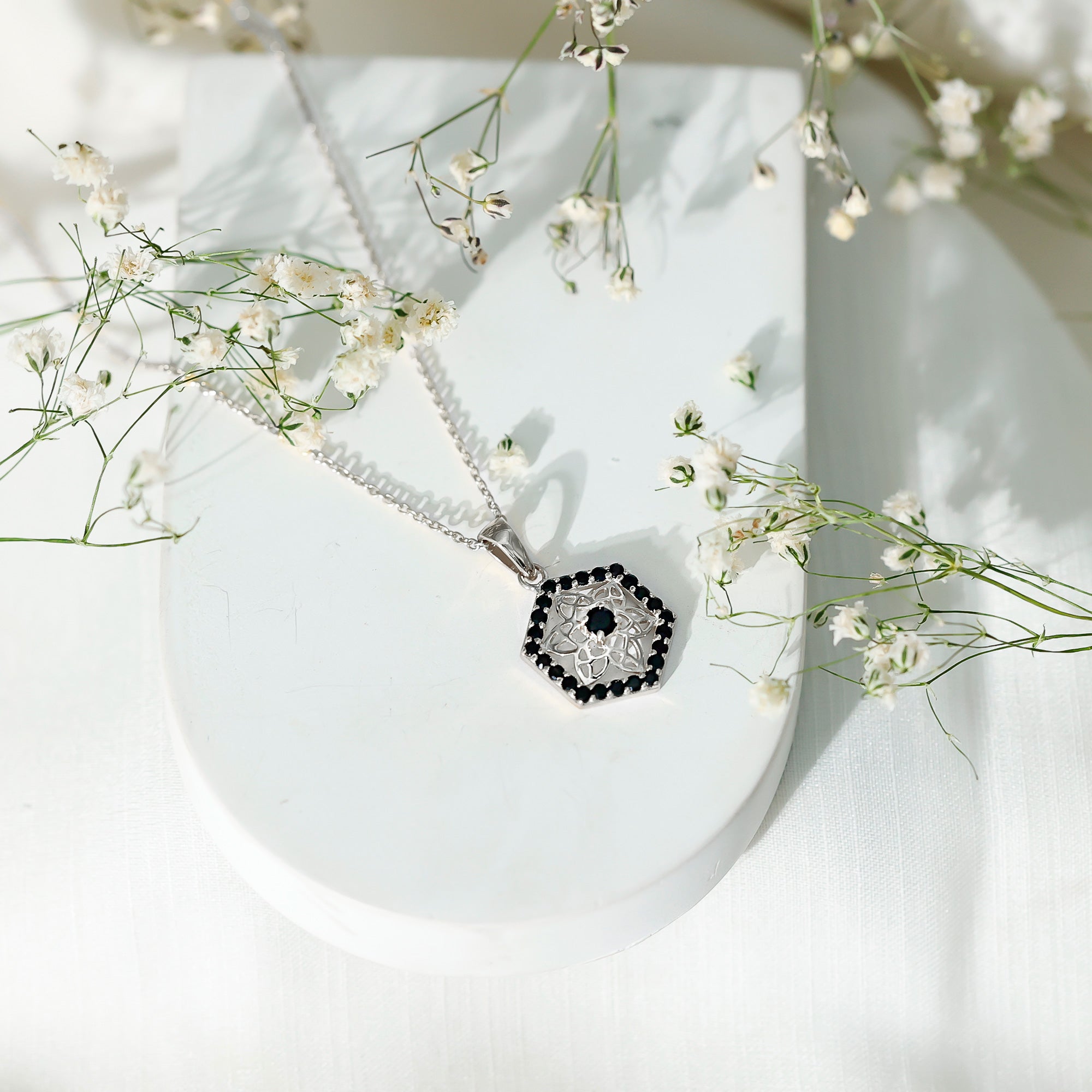 Certified Genuine Black Onyx Flower Necklace for Women