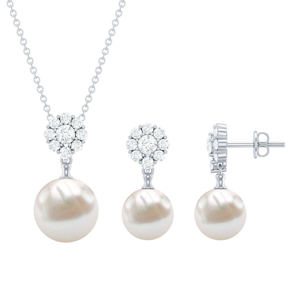 Freshwater Pearl Jewelry - Flower Pendant Earrings with AAA Quality Pearls & Moissanite Stones
