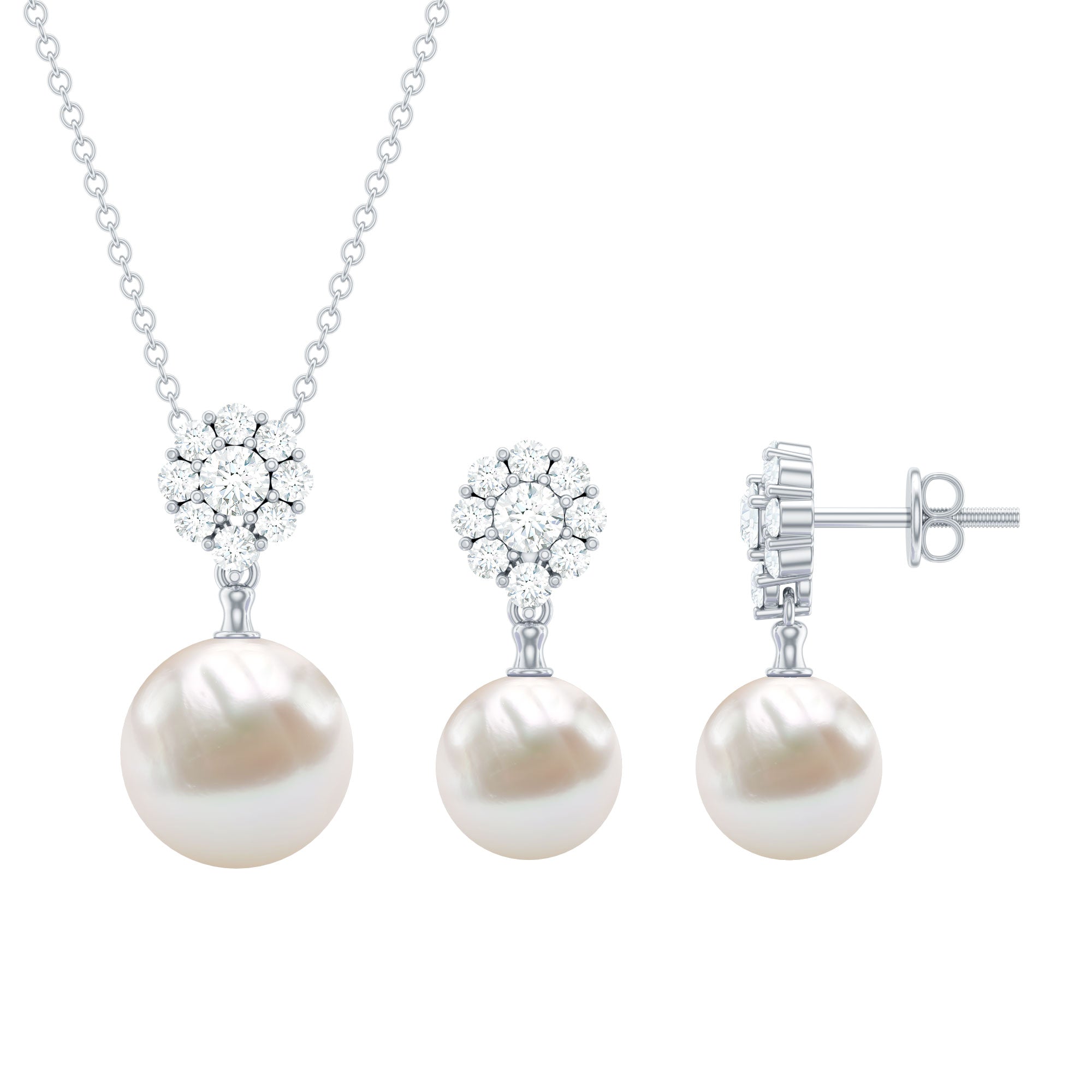 Freshwater Pearl Jewelry - Flower Pendant Earrings with AAA Quality Pearls & Moissanite Stones