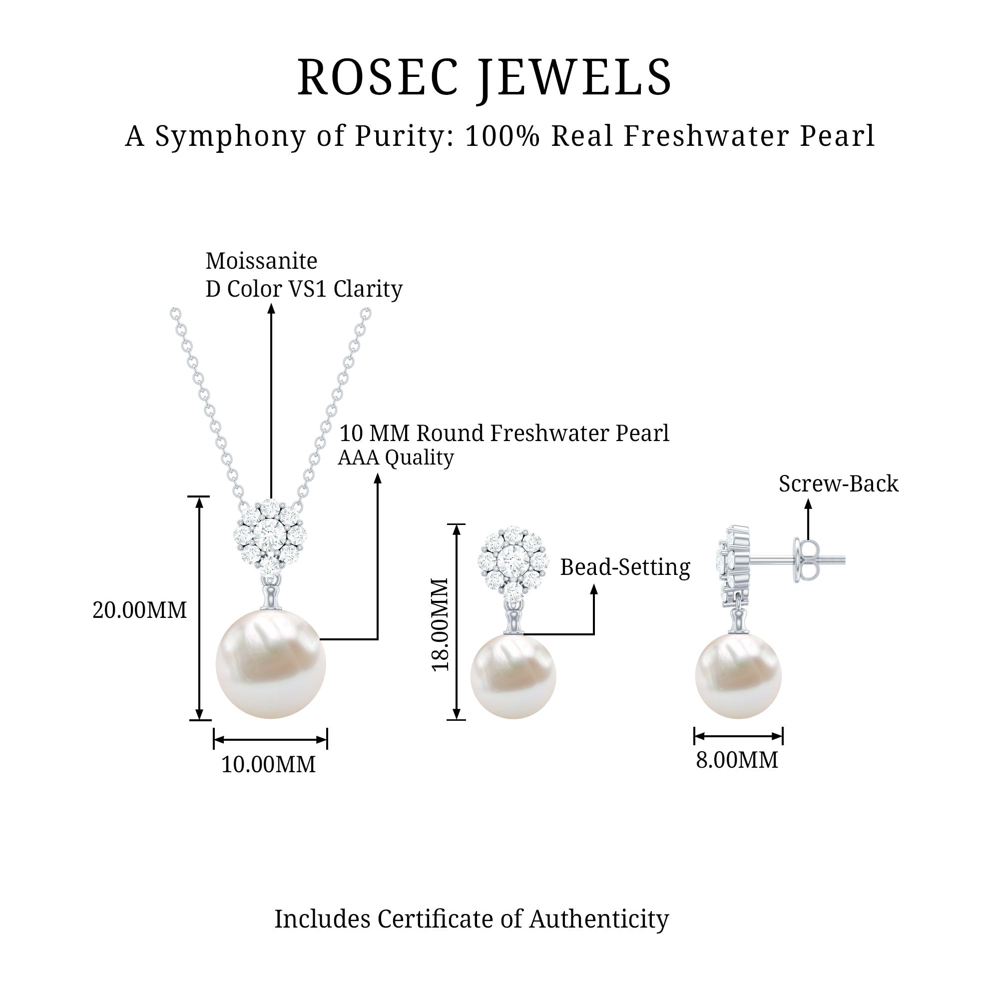 Freshwater Pearl Jewelry - Flower Pendant Earrings with AAA Quality Pearls & Moissanite Stones