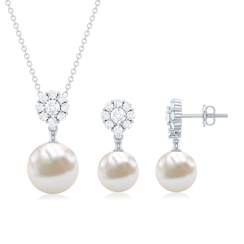 Freshwater Pearl Jewelry - Flower Pendant Earrings with AAA Quality Pearls & Moissanite Stones