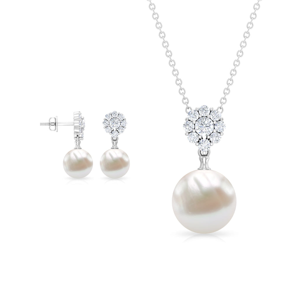 Freshwater Pearl Jewelry - Flower Pendant Earrings with AAA Quality Pearls & Moissanite Stones