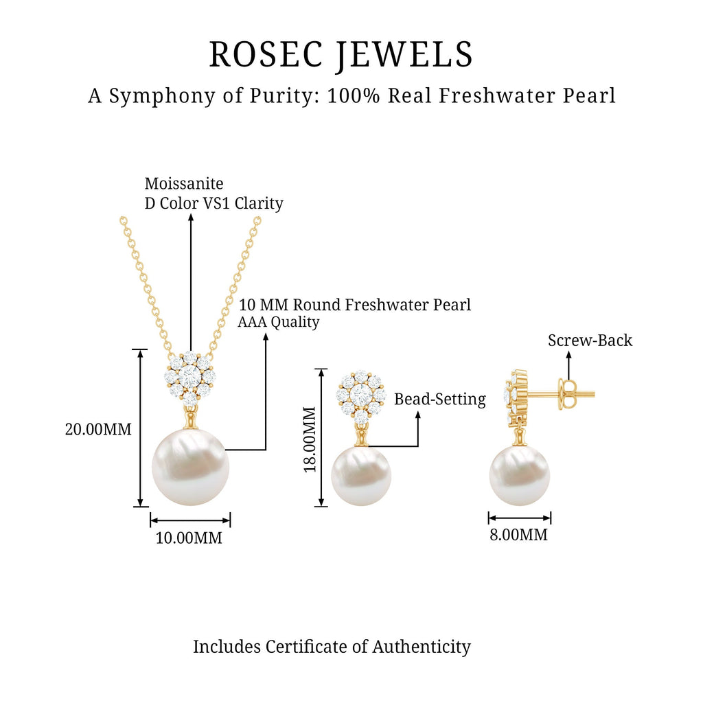 Freshwater Pearl Jewelry - Flower Pendant Earrings with AAA Quality Pearls & Moissanite Stones