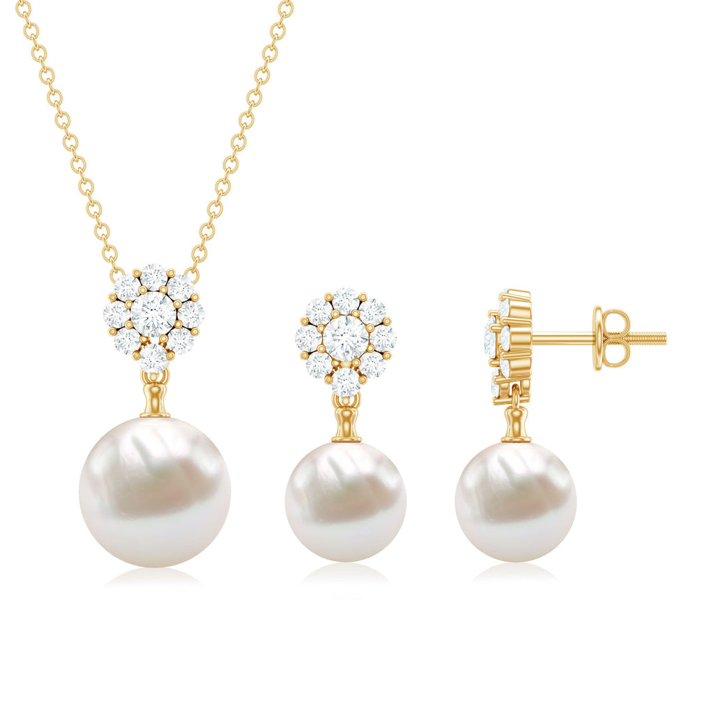 Freshwater Pearl Jewelry - Flower Pendant Earrings with AAA Quality Pearls & Moissanite Stones