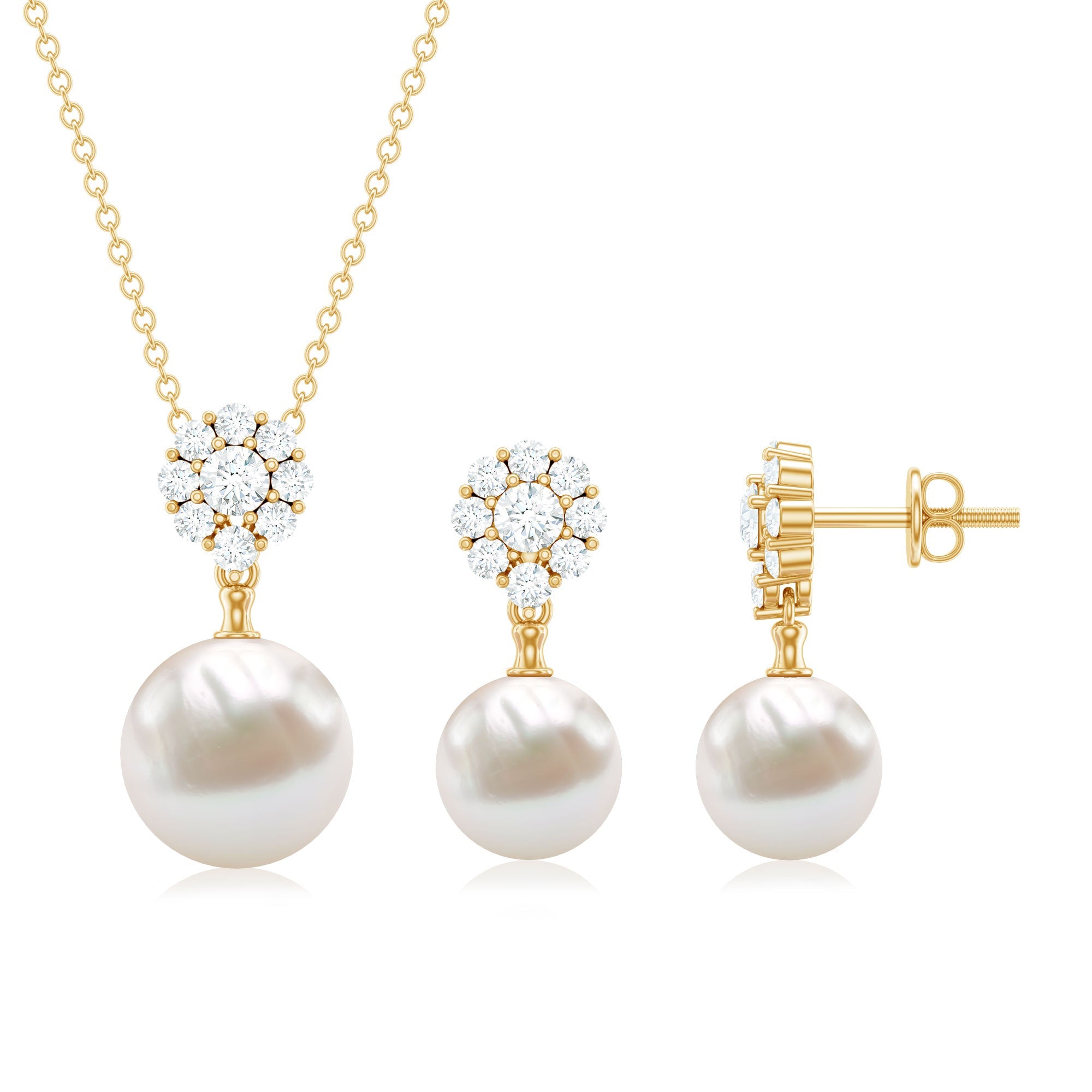 Freshwater Pearl Jewelry - Flower Pendant Earrings with AAA Quality Pearls & Moissanite Stones