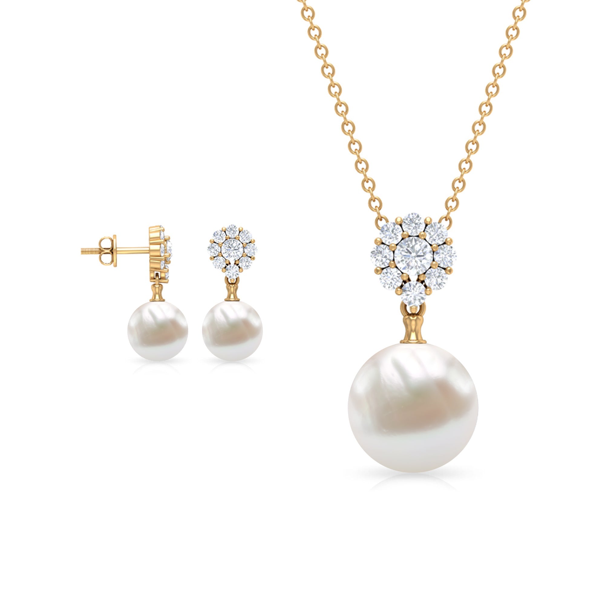 Freshwater Pearl Jewelry - Flower Pendant Earrings with AAA Quality Pearls & Moissanite Stones
