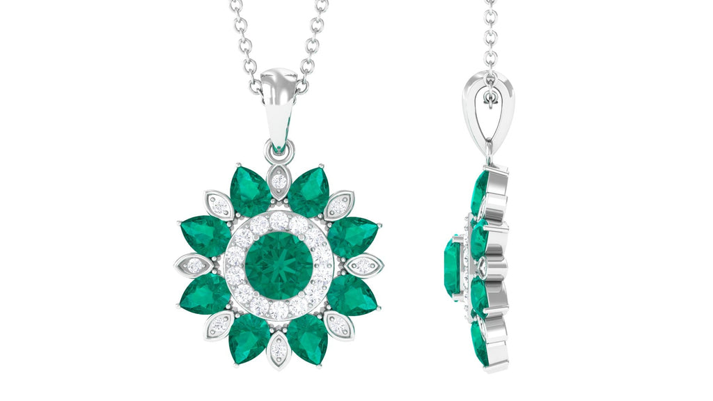 Emerald Flower Pendant Statement Necklace - Natural Emerald Jewelry With Diamonds