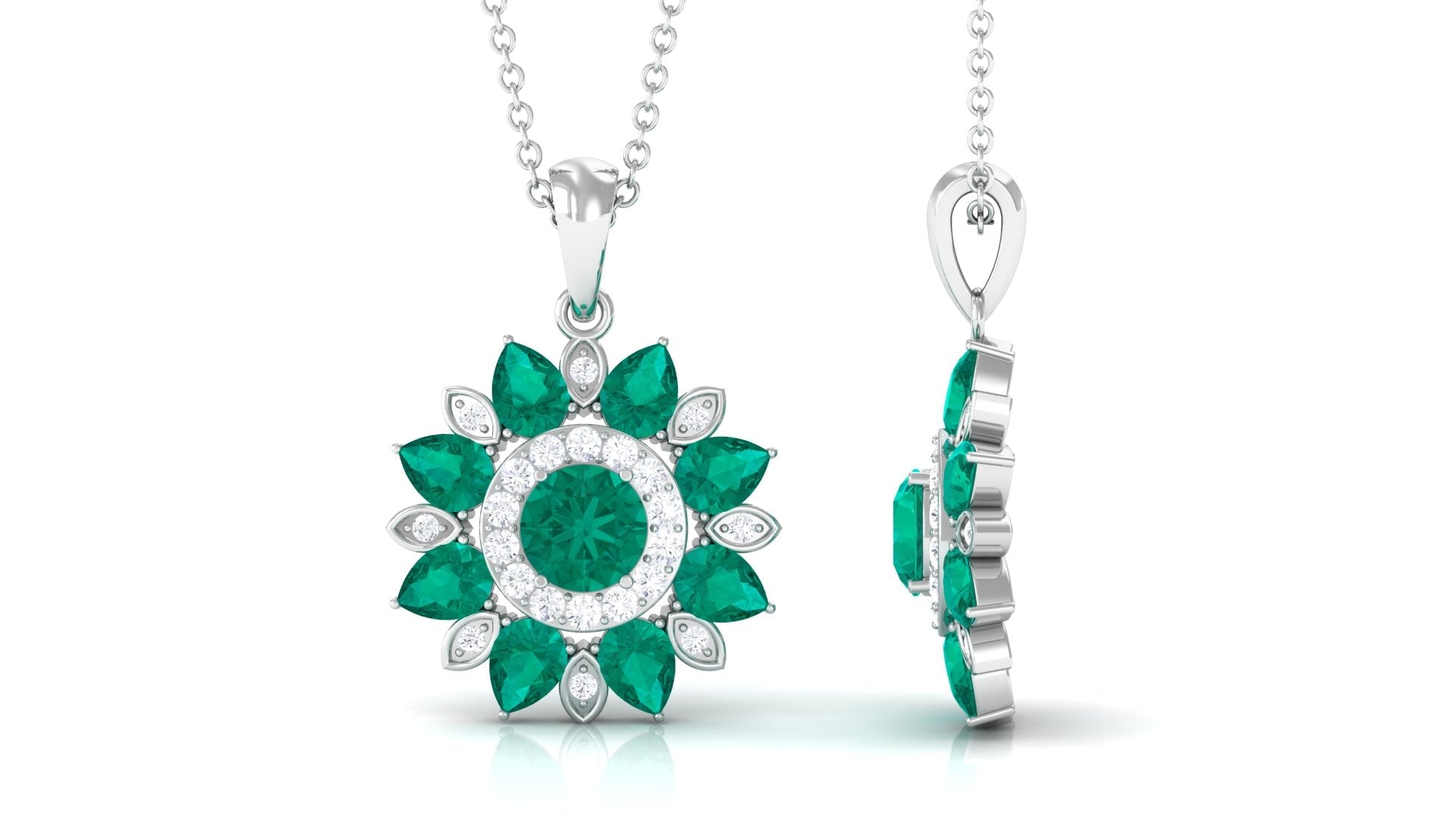 Emerald Flower Pendant Statement Necklace - Natural Emerald Jewelry With Diamonds