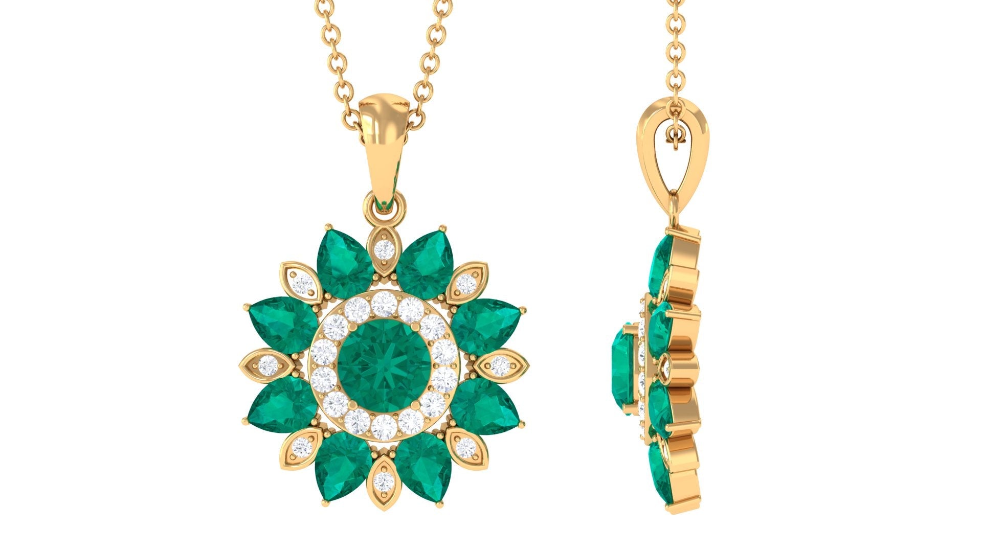 Emerald Flower Pendant Statement Necklace - Natural Emerald Jewelry With Diamonds