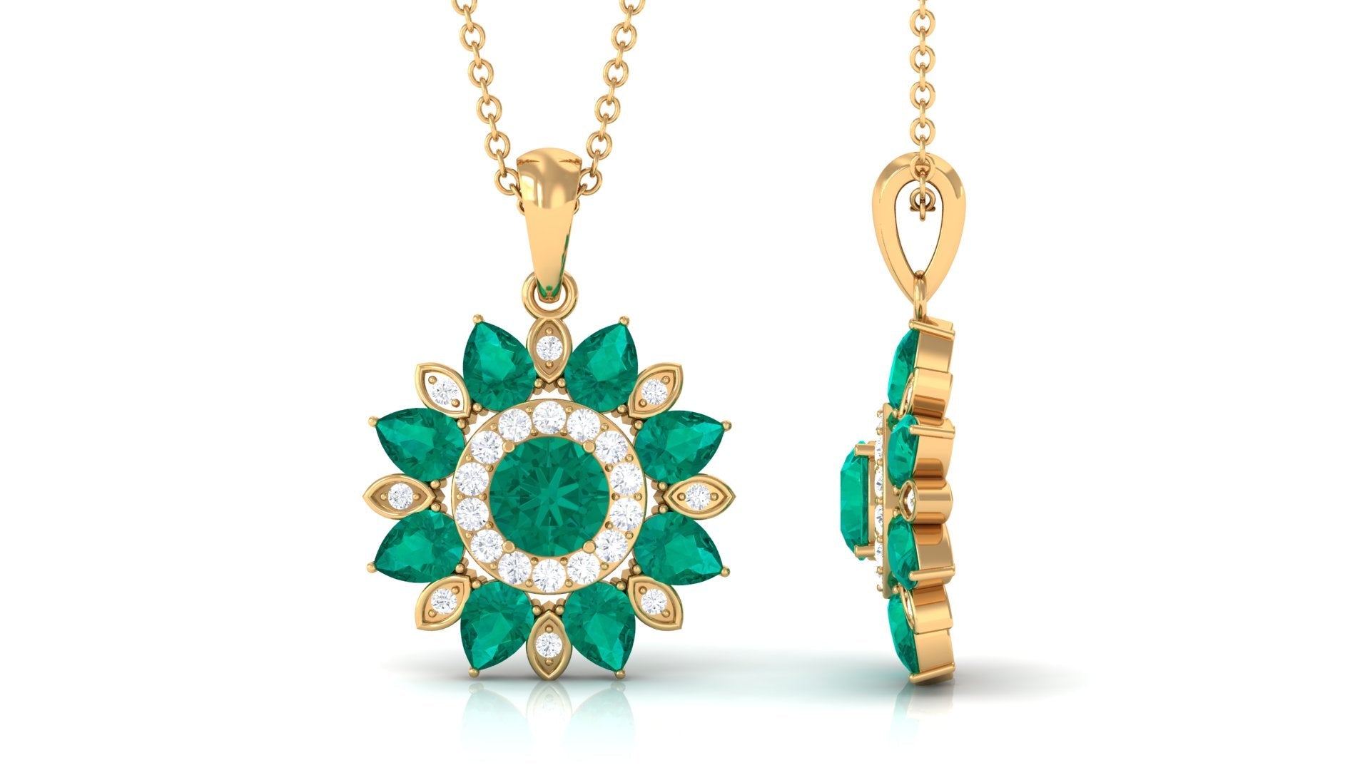 Emerald Flower Pendant Statement Necklace - Natural Emerald Jewelry With Diamonds