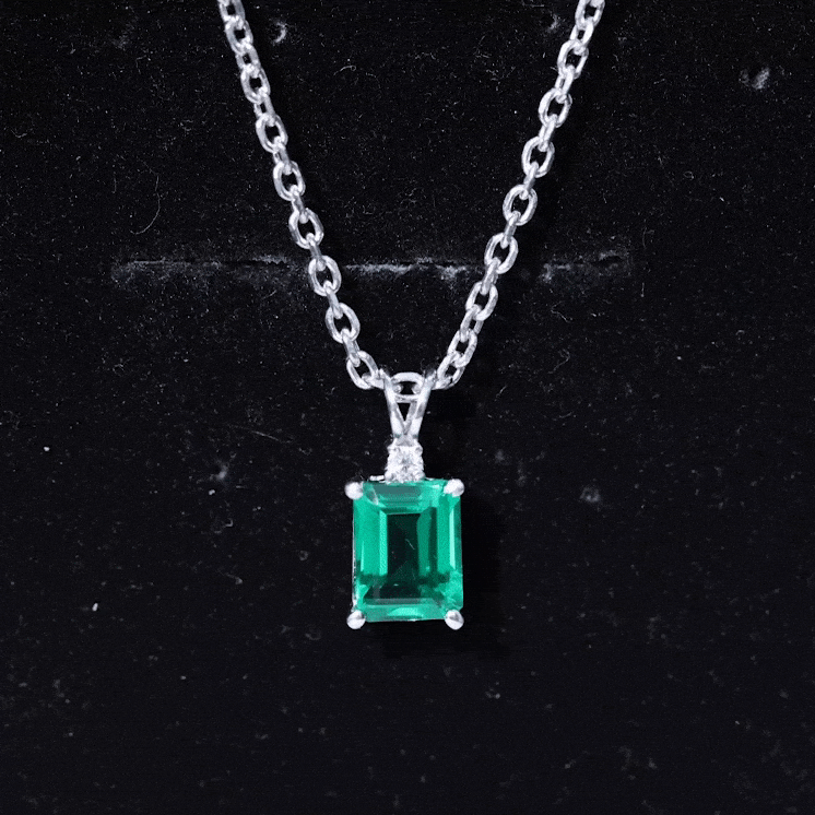 Lab Created Emerald Necklace - 1.6 Carat Emerald Cut Solitaire Pendant with Diamond Accent