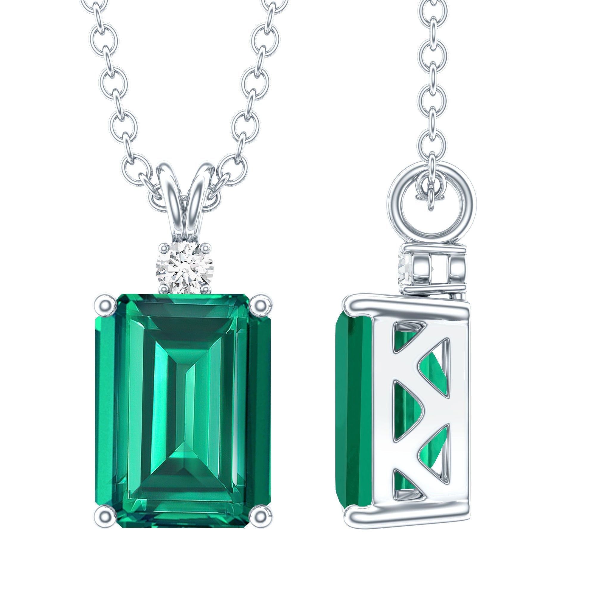Lab Created Emerald Necklace - 1.6 Carat Emerald Cut Solitaire Pendant with Diamond Accent