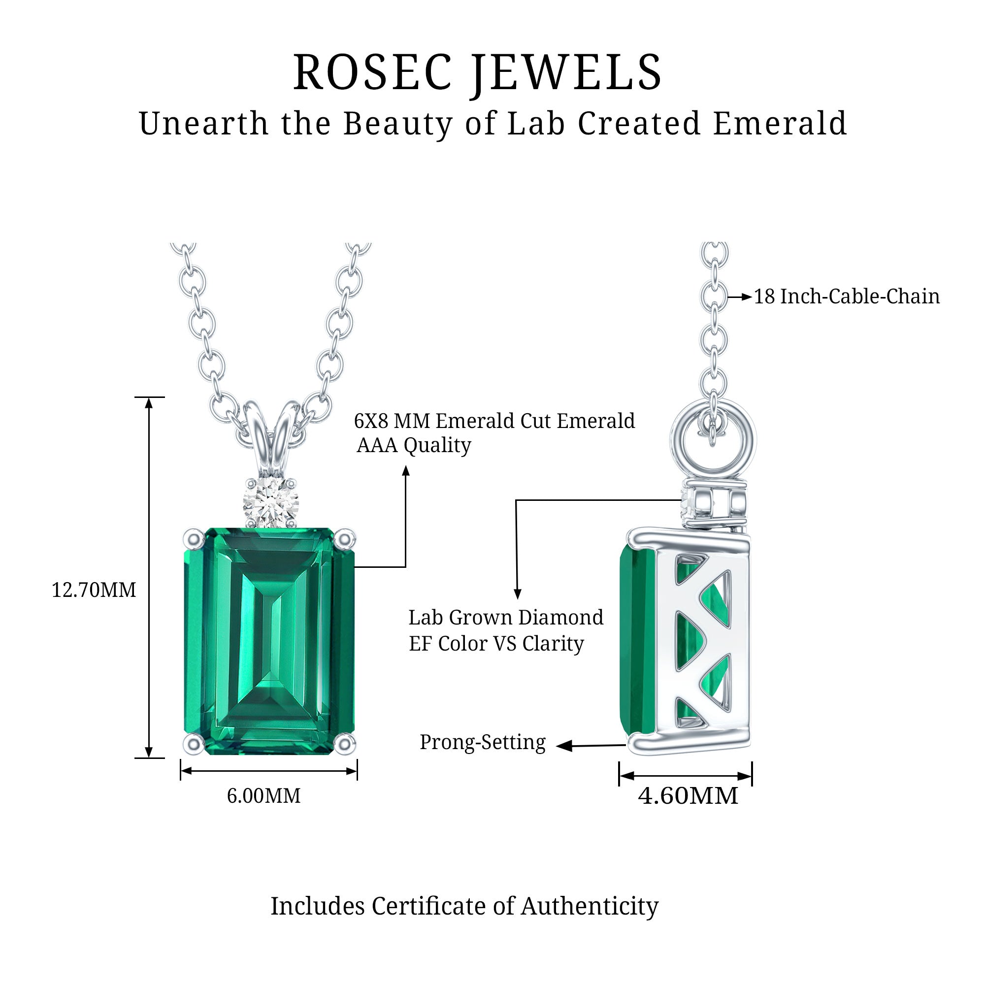 Lab Created Emerald Necklace - 1.6 Carat Emerald Cut Solitaire Pendant with Diamond Accent