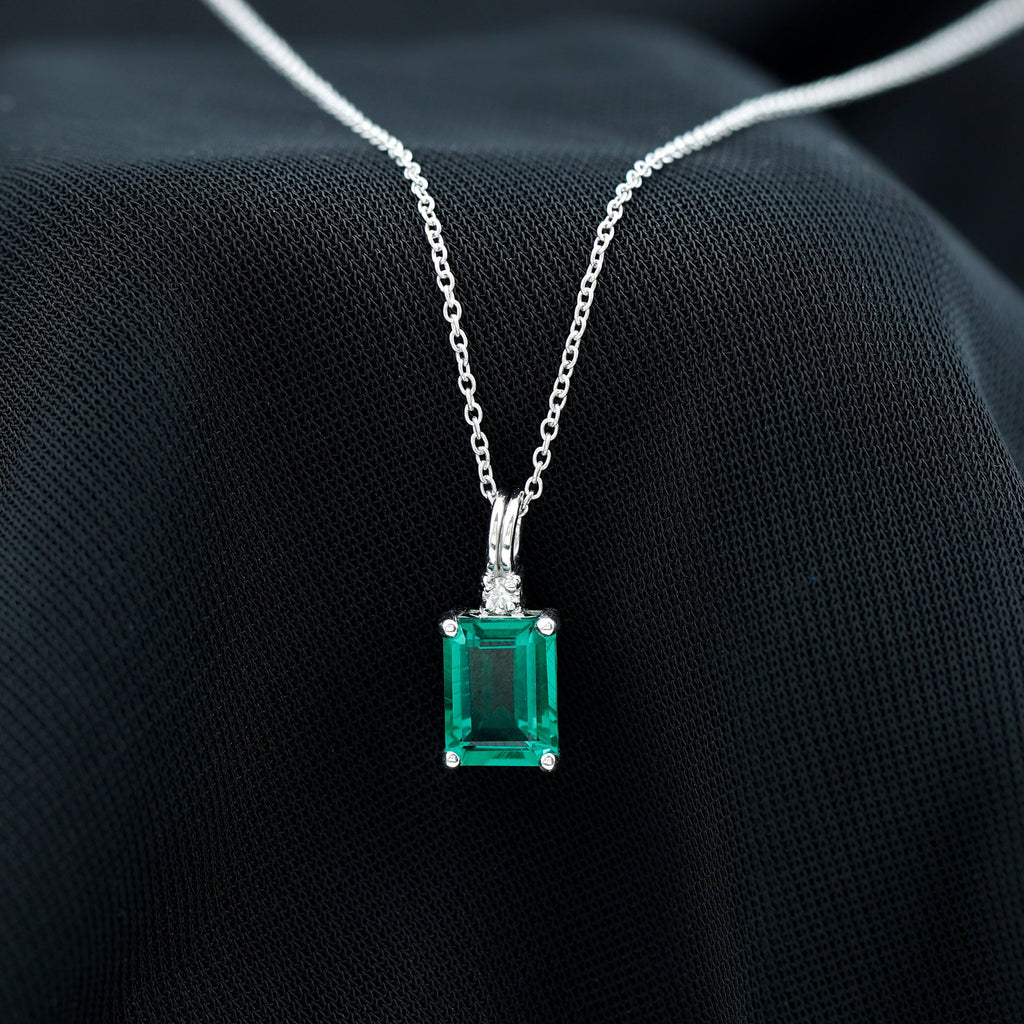 Lab Created Emerald Necklace - 1.6 Carat Emerald Cut Solitaire Pendant with Diamond Accent