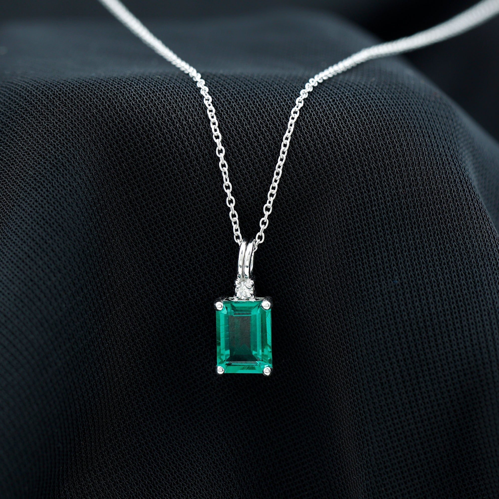 Lab Created Emerald Necklace - 1.6 Carat Emerald Cut Solitaire Pendant with Diamond Accent