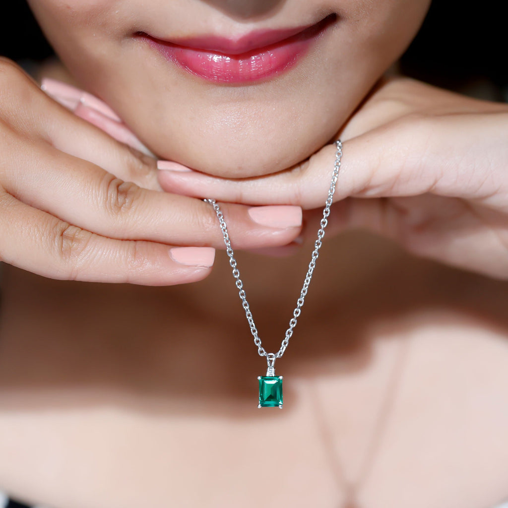 Lab Created Emerald Necklace - 1.6 Carat Emerald Cut Solitaire Pendant with Diamond Accent