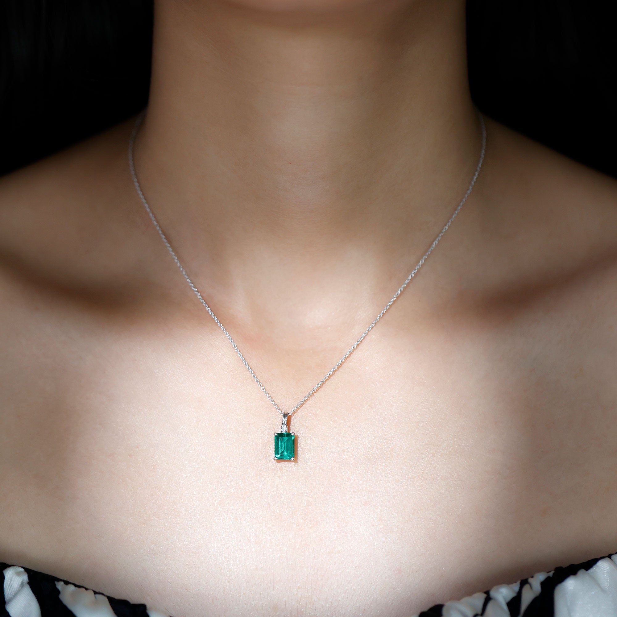 Lab Created Emerald Necklace - 1.6 Carat Emerald Cut Solitaire Pendant with Diamond Accent