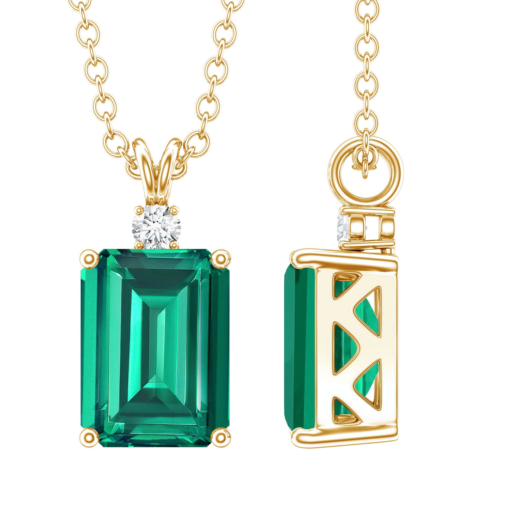 Lab Created Emerald Necklace - 1.6 Carat Emerald Cut Solitaire Pendant with Diamond Accent