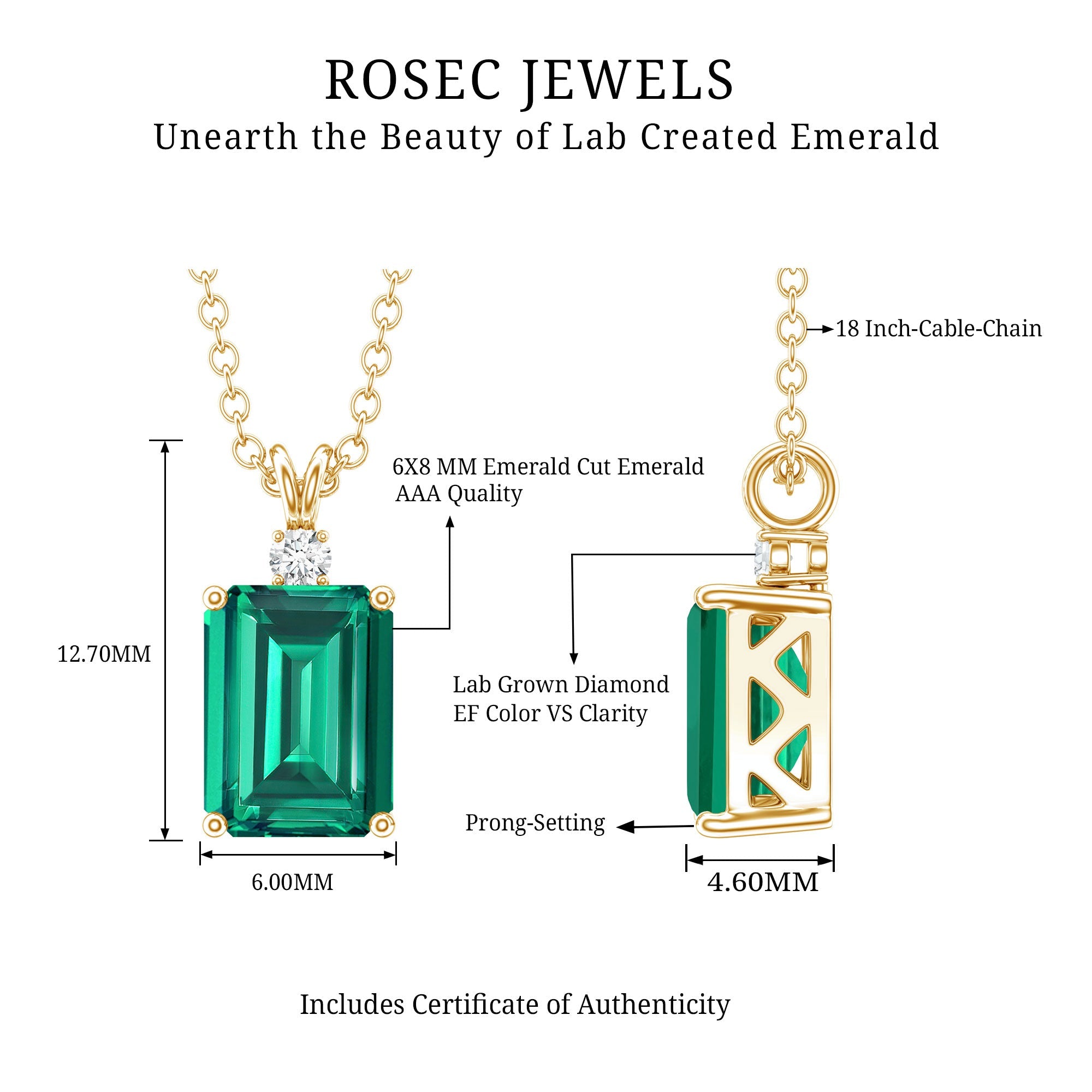 Lab Created Emerald Necklace - 1.6 Carat Emerald Cut Solitaire Pendant with Diamond Accent