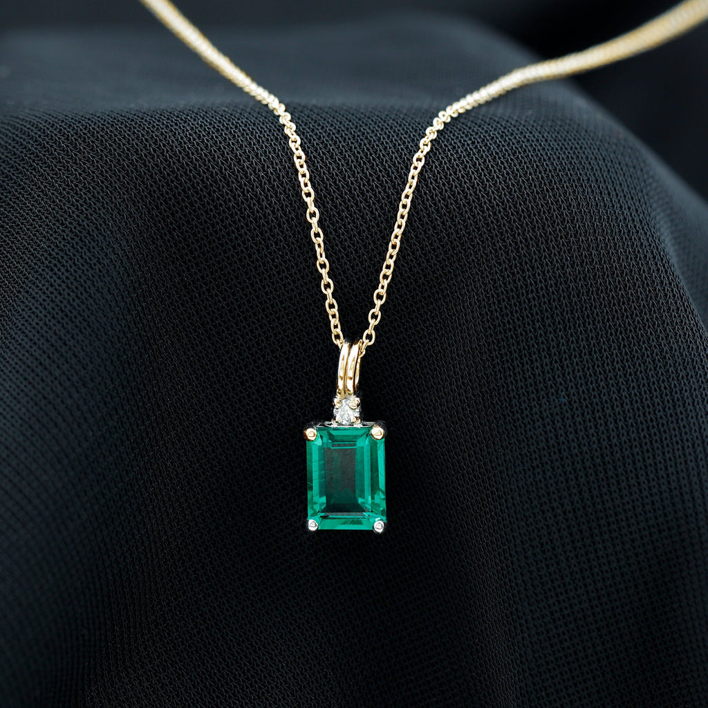 Lab Created Emerald Necklace - 1.6 Carat Emerald Cut Solitaire Pendant with Diamond Accent