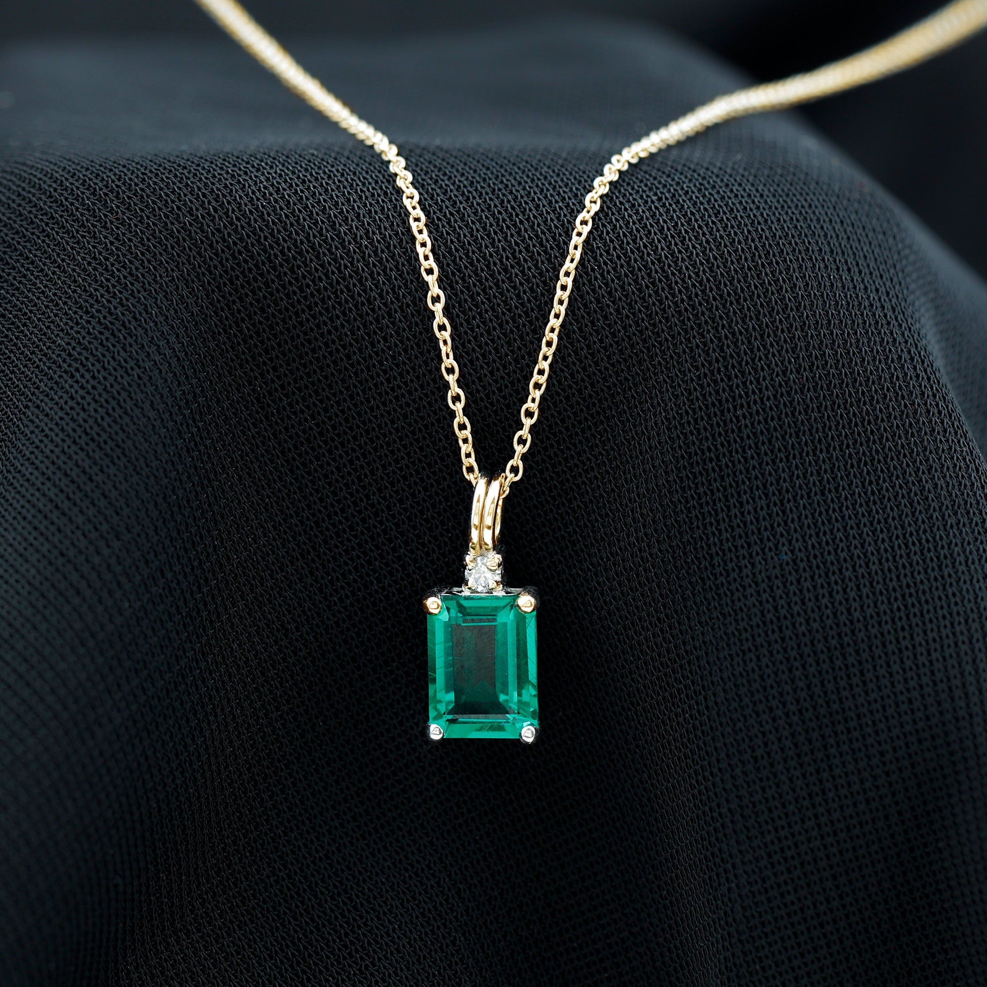 Lab Created Emerald Necklace - 1.6 Carat Emerald Cut Solitaire Pendant with Diamond Accent
