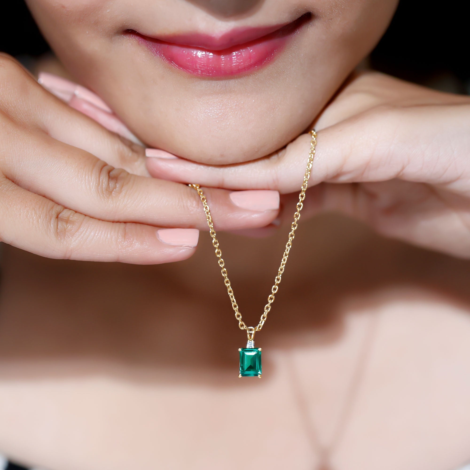Lab Created Emerald Necklace - 1.6 Carat Emerald Cut Solitaire Pendant with Diamond Accent