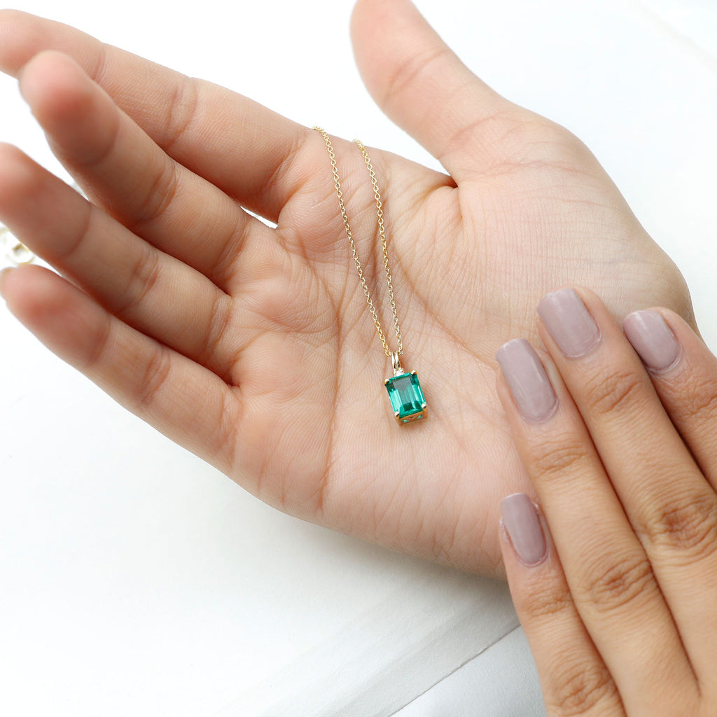 Lab Created Emerald Necklace - 1.6 Carat Emerald Cut Solitaire Pendant with Diamond Accent