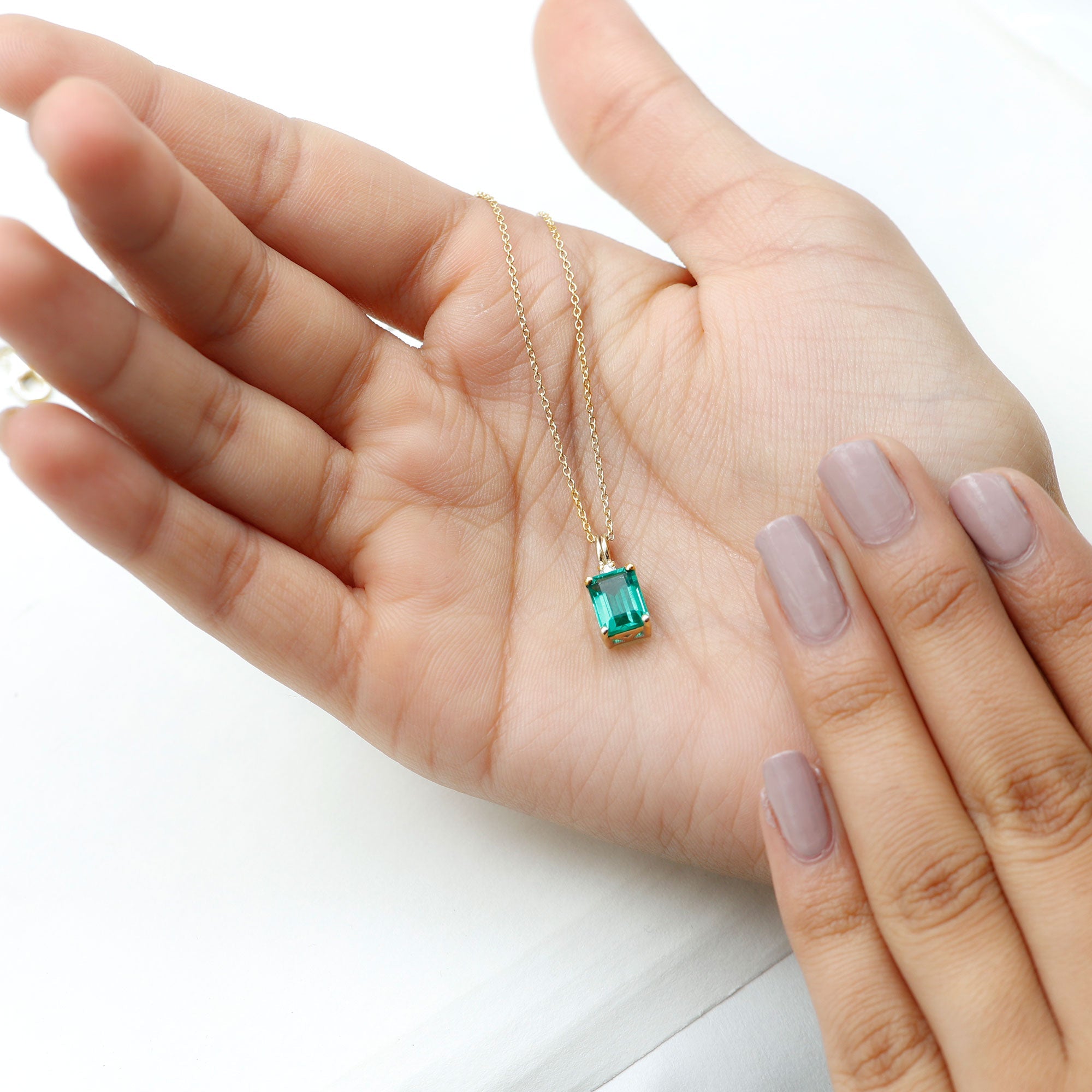 Lab Created Emerald Necklace - 1.6 Carat Emerald Cut Solitaire Pendant with Diamond Accent