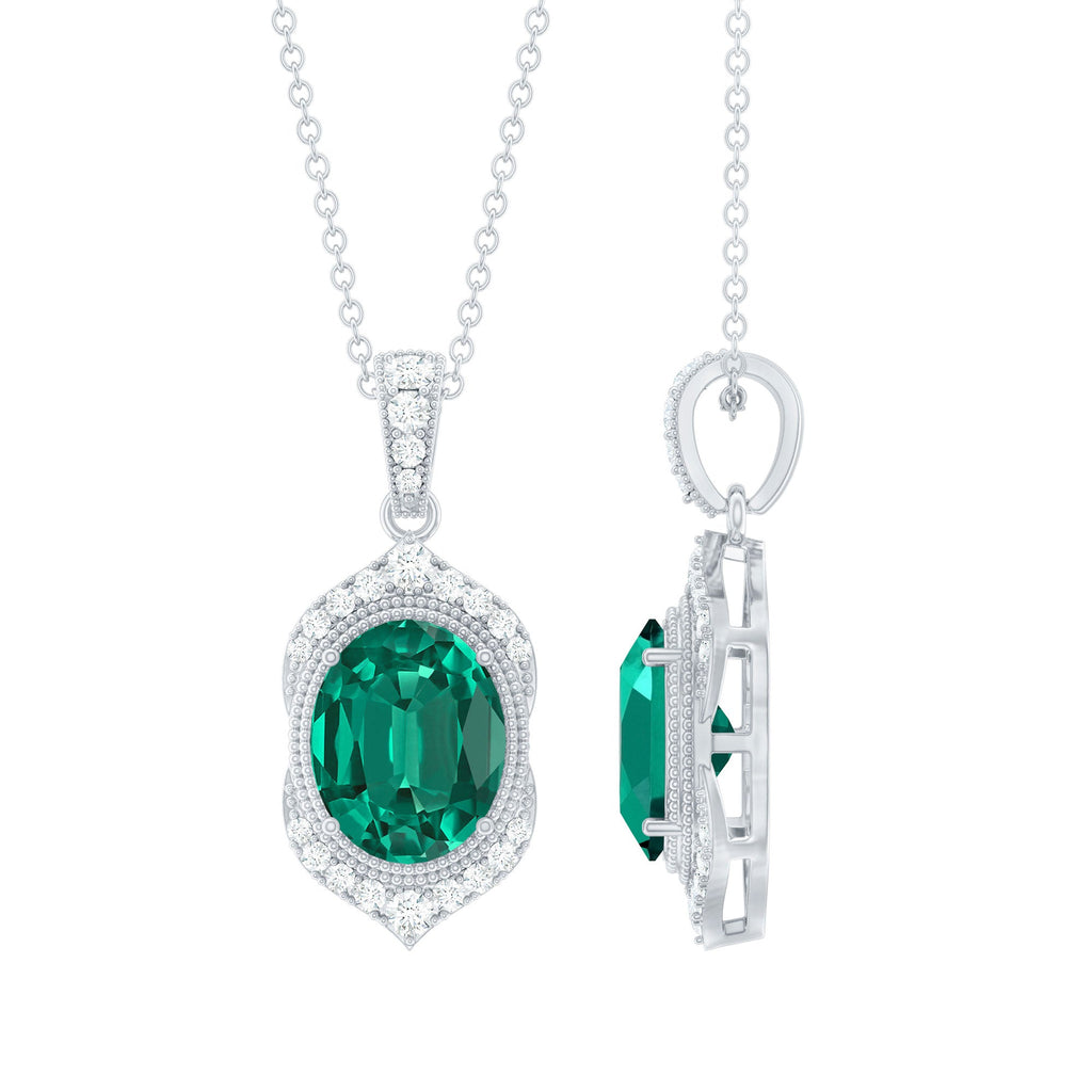 Lab Grown Emerald Necklace – Vintage Inspired Emerald Diamond Pendant With Prong Setting