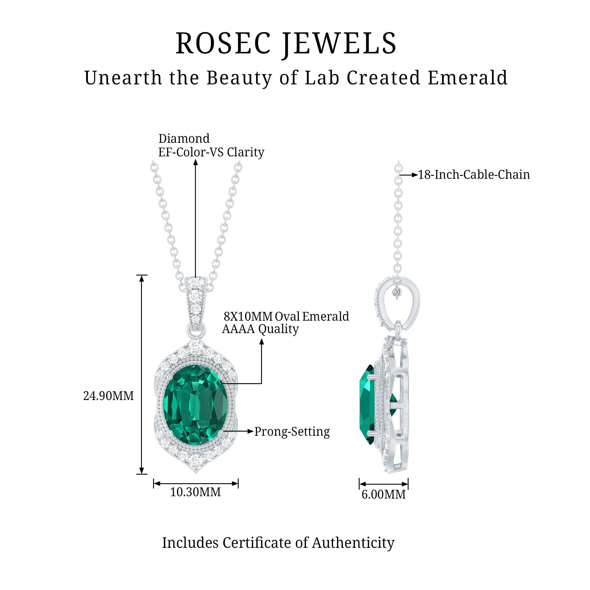 Lab Grown Emerald Necklace – Vintage Inspired Emerald Diamond Pendant With Prong Setting