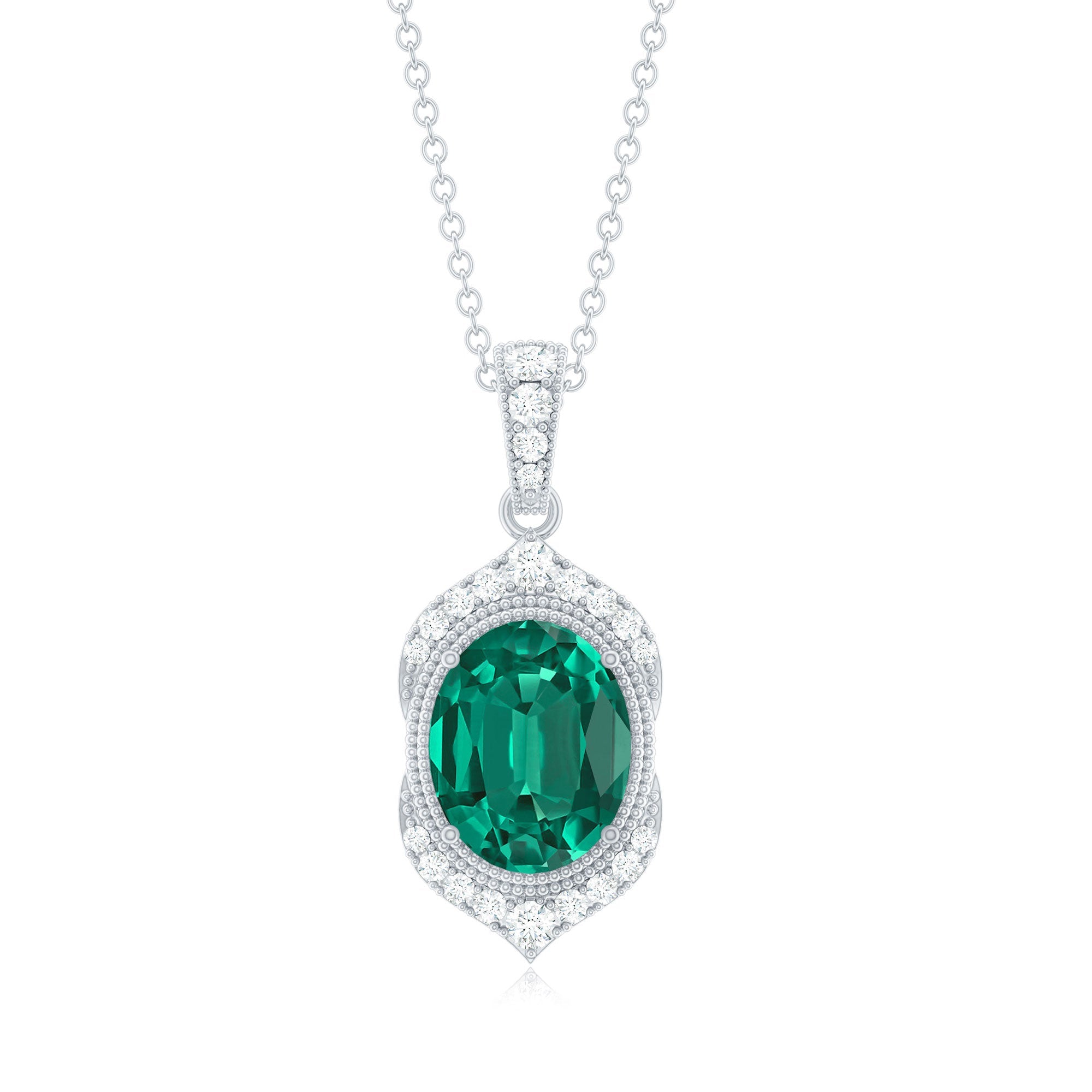 Lab Grown Emerald Necklace – Vintage Inspired Emerald Diamond Pendant With Prong Setting