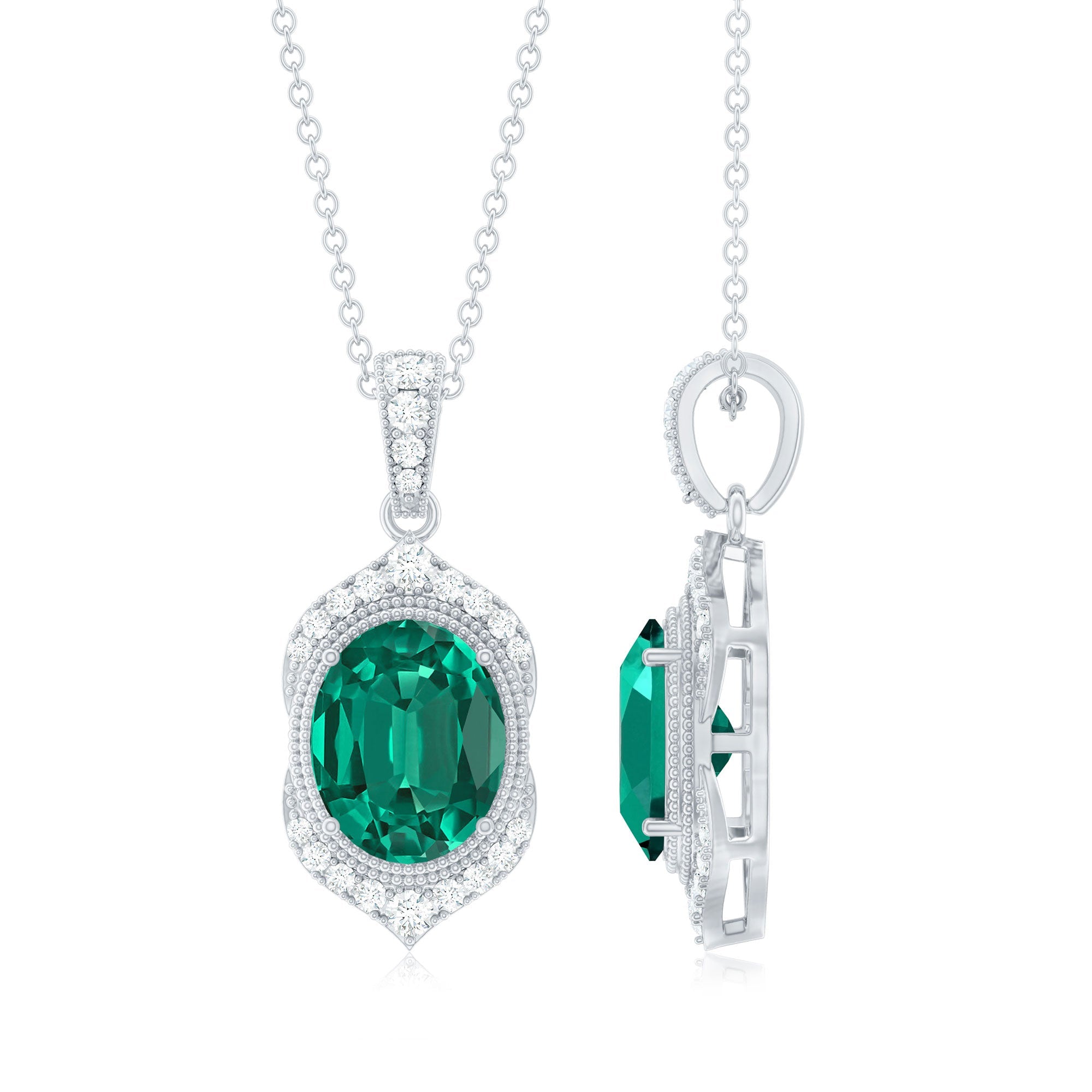 Lab Grown Emerald Necklace – Vintage Inspired Emerald Diamond Pendant With Prong Setting